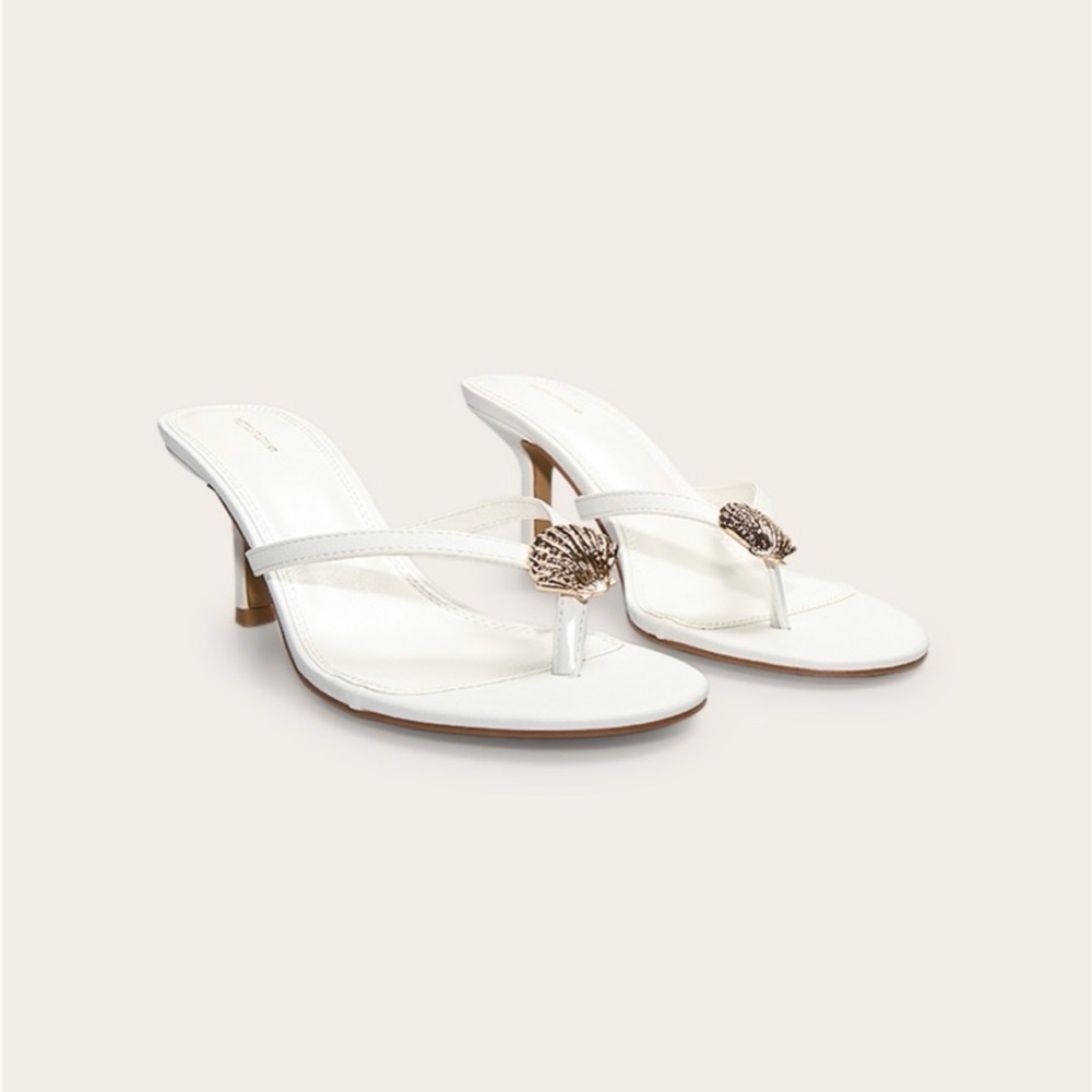 PrettyLittleThing White Shell Embellished Thong Heels